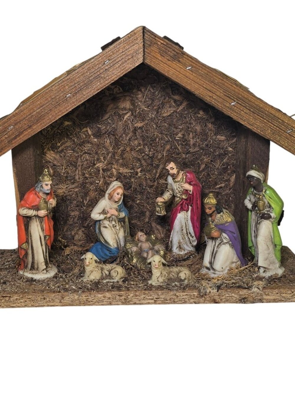 Vintage Nativity Set Christmas Creche Rustic Straw Roof Moss Floor Holiday Decor
